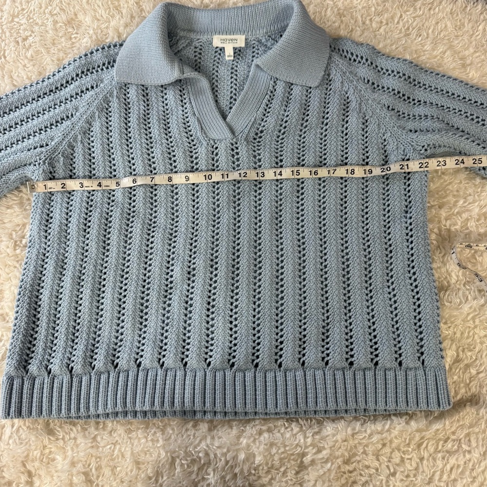 Haven Well Within Open Stitch Johnny Collar Cotton Blue Sweater Size Large - Picture 6 of 12